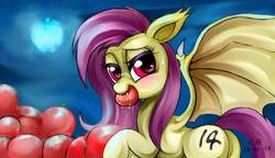 Size: 1080x620 | Tagged: safe, artist:coke-brother, fluttershy, bat pony, pony, bats!, g4, apple, eating, female, flutterbat, mouth hold, race swap, solo