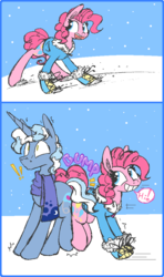 Size: 588x995 | Tagged: safe, artist:artflicker, pinkie pie, pokey pierce, g4, butt bump, butt to butt, butt touch, clothes, comic, female, male, scarf, ship:pokeypie, shipping, sliding, snow, snowfall, straight, surprised, winter