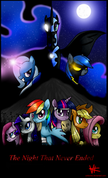 Size: 1496x2458 | Tagged: safe, artist:unitoone, applejack, fluttershy, nightmare moon, nightshade, pinkie pie, rainbow dash, rarity, trixie, twilight sparkle, earth pony, pegasus, pony, unicorn, fanfic:the night that never ended, g4, bandage, clothes, costume, fanfic art, female, glowing eyes, magic, mane six, mare, moon, pinkamena diane pie, shadowbolts, shadowbolts costume