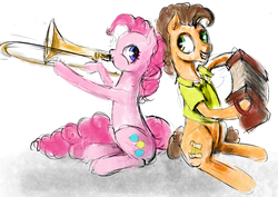 Size: 1185x840 | Tagged: safe, artist:silfoe, cheese sandwich, pinkie pie, g4, pinkie pride, accordion, grin, looking back, musical instrument, puffy cheeks, sitting, smiling, trombone
