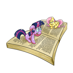 Size: 2200x2200 | Tagged: safe, artist:joycall6, fluttershy, twilight sparkle, g4, blank flank, book, glasses, micro