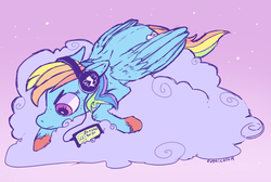 Size: 769x518 | Tagged: safe, artist:comickit, rainbow dash, g4, angry, beastie boys, cloud, female, headphones, hooves, solo