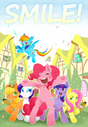 Size: 1024x1482 | Tagged: safe, artist:hobilo, apple bloom, applejack, bon bon, cranky doodle donkey, derpy hooves, doctor whooves, fluttershy, lyra heartstrings, matilda, pinkie pie, rainbow dash, rarity, scootaloo, sweetie belle, sweetie drops, time turner, twilight sparkle, donkey, earth pony, pegasus, pony, unicorn, a friend in deed, g4, action poster, cute, cutie mark crusaders, eyes closed, mane six, open mouth, pixiv, ponyville, ship:crankilda, smile song