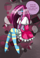 Size: 900x1300 | Tagged: safe, artist:underwaterteaparty, pinkie pie, human, g4, clothes, female, humanized, looking at you, missing shoes, pinkamena diane pie, pony coloring, sad, solo, stockings