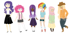 Size: 886x434 | Tagged: safe, artist:thespinesong, applejack, fluttershy, pinkie pie, rainbow dash, rarity, twilight sparkle, human, g4, belly button, clothes, converse, dark skin, diversity, front knot midriff, hijab, humanized, islam, islamashy, jeans, light skin, line-up, mane six, midriff, moderate dark skin, no more ponies at source, shoes, skirt, suspenders