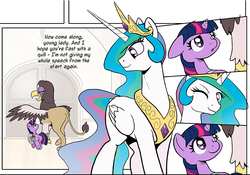 Size: 800x560 | Tagged: safe, artist:muffinshire, princess celestia, twilight sparkle, oc, oc:gisela, griffon, comic:twilight's first day, g4, comic, filly, muffinshire is trying to murder us, wink, wip