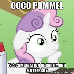 Size: 460x460 | Tagged: safe, edit, edited screencap, screencap, coco pommel, fluttershy, rarity, sweetie belle, g4, ponyville confidential, rarity takes manehattan, female, image macro, meme, mind blown, solo, sudden clarity sweetie belle, text