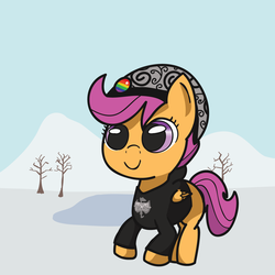 Size: 1250x1250 | Tagged: safe, artist:app1ebloom, scootaloo, pegasus, pony, g4, clothes, female, filly, hoodie, ice, jacket, pin, snow, solo, tree, winter