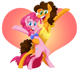 Size: 900x811 | Tagged: safe, artist:kiki-kit, cheese sandwich, pinkie pie, earth pony, pony, g4, pinkie pride, bipedal, bowtie, duo, female, heart, male, ship:cheesepie, shipping, straight