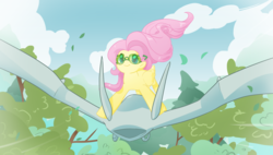Size: 5801x3306 | Tagged: safe, artist:v0w0, fluttershy, g4, crossover, female, flying, glider, goggles, mehve, nausicaa of the valley of the wind, solo, studio ghibli