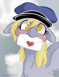 Size: 2550x3300 | Tagged: safe, artist:waterbottleisland, derpy hooves, pegasus, pony, g4, blushing, cap, colored pupils, cute, derpabetes, envelope, female, floppy ears, hat, letter, love letters, mail, mailpony, mare, mouth hold, smiling, solo