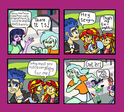 Size: 1338x1208 | Tagged: safe, artist:oneovertwo, bon bon, flash sentry, lyra heartstrings, spike, sunset shimmer, sweetie drops, twilight sparkle, twinkleshine, dog, comic:trixie enemy of, comic:trixie enemy of a rare situation, equestria girls, g4, comic, female, male, ship:flashimmer, shipping, spike the dog, straight