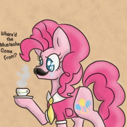 Size: 1000x1000 | Tagged: safe, artist:justalittleskye, pinkie pie, g4, clothes, coffee, female, moustache, solo