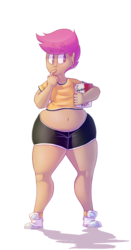 Size: 825x1572 | Tagged: safe, artist:secretgoombaman12345, scootaloo, chicken, human, ask chubby diamond, g4, belly button, ear piercing, earring, fat, female, hips, humanized, jewelry, kfc, midriff, moderate dark skin, muffin top, piercing, scootachicken, scootalard, simple background, solo, thighs, transparent background, wide hips