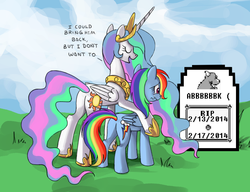 Size: 910x700 | Tagged: safe, princess celestia, rainbow dash, alicorn, charmeleon, pegasus, pony, g4, butt, celestia's grave meme, exploitable meme, female, implied death, mare, meme, plot, pokémon, twitch plays pokémon