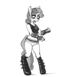 Size: 900x900 | Tagged: safe, artist:kevinsano, sweetie belle, anthro, unguligrade anthro, g4, belly button, black metal, bullet belt, corpse paint, female, grayscale, hoof boots, metal, metal belle, midriff, monochrome, older, solo, spiked wristband, wristband