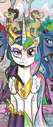 Size: 548x1302 | Tagged: safe, idw, official comic, doctor whooves, princess celestia, princess luna, time turner, g4, reflections, spoiler:comic, dark mirror universe, equestria-3, evil celestia, evil counterpart, evil luna, evil sisters, eyeshadow, fourth doctor, mirror universe, tenth doctor