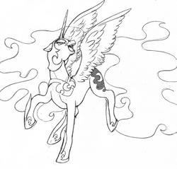 Size: 2464x2359 | Tagged: safe, artist:mmmenagerie, nightmare moon, alicorn, pony, g4, female, lineart, monochrome, solo