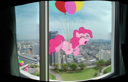 Size: 5547x3602 | Tagged: safe, artist:derpy-maple, pinkie pie, g4, balloon, irl, photo, ponies in real life, then watch her balloons lift her up to the sky