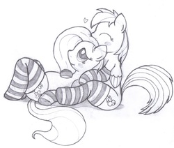 Size: 1180x1000 | Tagged: safe, artist:an-tonio, fluttershy, rainbow dash, g4, clothes, female, incorrect leg anatomy, lesbian, monochrome, ship:flutterdash, shipping, socks, striped socks, traditional art