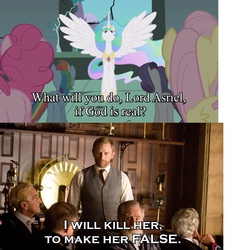 Size: 1200x1200 | Tagged: safe, edit, princess celestia, alicorn, human, pony, g4, crossover, drama, ethereal mane, female, flat earth atheist, his dark materials saga, image macro, lord asriel, male, mare, naytheist, the golden compass