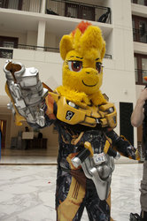 Size: 532x800 | Tagged: safe, spitfire, g4, bumblebee (transformers), cosplay, fursuit, fursuit head, head, irl, katsucon, photo, ponysuit, transformers, wat