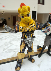 Size: 572x800 | Tagged: safe, spitfire, g4, bumblebee (transformers), cosplay, disembodied head, fursuit, fursuit head, irl, katsucon, photo, ponysuit, transformers, wat