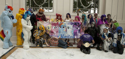 Size: 1024x482 | Tagged: safe, artist:atalonthedeer, apple bloom, applejack, big macintosh, dj pon-3, fluttershy, pinkie pie, princess celestia, rainbow dash, rarity, spike, twilight sparkle, vinyl scratch, human, g4, bumblebee (transformers), clothes, cobra commander, costume, fursuit, g.i. joe, group photo, irl, irl human, katsucon, mane seven, mane six, photo, transformers