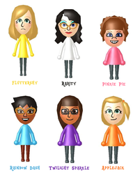 Size: 749x931 | Tagged: safe, applejack, fluttershy, pinkie pie, rainbow dash, rarity, twilight sparkle, human, g4, 3ds, dark skin, humanized, mane six, mii, nintendo