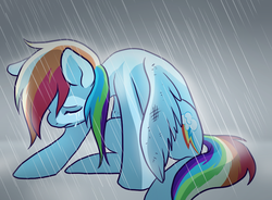 Size: 770x568 | Tagged: safe, artist:pixel-prism, rainbow dash, twilight sparkle's secret shipfic folder, g4, crying, female, injured, rain, sad, solo