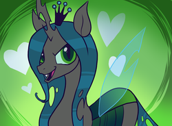 Size: 770x568 | Tagged: safe, artist:pixel-prism, queen chrysalis, changeling, changeling queen, twilight sparkle's secret shipfic folder, g4, crown, fangs, female, heart, jewelry, looking at you, regalia, solo