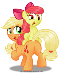 Size: 1280x1569 | Tagged: safe, artist:aleximusprime, apple bloom, applejack, g4, apple bloom riding applejack, butt, plot, ponies riding ponies, riding, simple background, transparent background