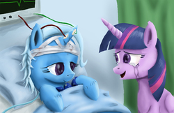 Size: 2500x1618 | Tagged: safe, artist:fox-moonglow, trixie, twilight sparkle, alicorn, pony, unicorn, g4, bed, crying, duo, female, hospital, injured, lesbian, mare, ship:twixie, shipping, tears of joy, twilight sparkle (alicorn)