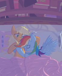 Size: 613x750 | Tagged: safe, artist:kymsnowman, applejack, rainbow dash, g4, bed, bed mane, eyes closed, female, lesbian, ship:appledash, shipping, sleeping, wingboner