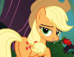 Size: 700x540 | Tagged: safe, edit, screencap, applejack, earth pony, pony, g4, spike at your service, animated, bedroom eyes, butt, eyebrow wiggle, female, mare, mouth hold, out of context, plot, rose, solo