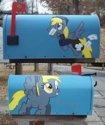 Size: 1280x1517 | Tagged: safe, artist:pezgirllovesrog, derpy hooves, pegasus, pony, g4, customized toy, cute, female, flying, grin, mailbag, mailbox, mare, mouth hold, smiling, spread wings