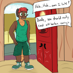 Size: 1280x1280 | Tagged: safe, artist:fuzebox, oc, oc only, oc:magma, dragon, anthro, plantigrade anthro, anthro oc, clothes, dialogue, door, golden oaks library, library, male, shirt, shoes, shorts, solo, speech bubble, spike's journey, sweat, tank top, teenaged dragon