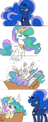 Size: 1600x4000 | Tagged: safe, artist:valcron, princess celestia, princess luna, alicorn, pony, :t, alternate hairstyle, box, comic, cute, cutelestia, eye contact, eyes closed, female, floppy ears, frown, glare, glitter, horses doing horse things, leaning, luna is not amused, lunabetes, mare, raised eyebrow, rolling, scrunchy face, sillestia, smiling, sparkles, twiface, unamused, weapons-grade cute