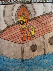 Size: 1513x2047 | Tagged: safe, artist:partyponyproductions, applejack, g4, boat, colored, cute, door, drawing, female, ocean, request, sky, solo, water