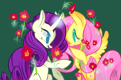 Size: 598x398 | Tagged: safe, artist:yardsalecouch, fluttershy, rarity, pegasus, pony, unicorn, g4, eye contact, female, flower, flower in hair, lesbian, looking at each other, ship:flarity, shipping