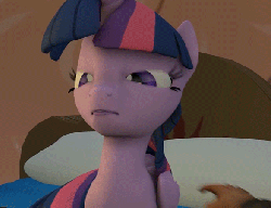 Size: 586x450 | Tagged: safe, artist:xaniyo, twilight sparkle, alicorn, human, pony, g4, 3d, animated, bed, blinking, boop, female, looking at you, mare, offscreen character, pov, prone, source filmmaker, surprised, twilight sparkle (alicorn), wide eyes, youtube link