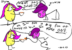 Size: 586x404 | Tagged: safe, artist:ron, fluttershy, pinkie pie, goldfish, g4, 1000 hours in ms paint, comedy, comic, ms paint