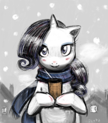 Size: 2648x3000 | Tagged: safe, artist:kutakoru, rarity, g4, blushing, clothes, cute, female, high res, hot chocolate, scarf, snow, snowfall, solo