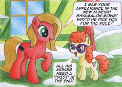 Size: 1120x800 | Tagged: safe, artist:legeden, twist, oc, oc:pun, earth pony, pony, ask pun, g4, ask, cute, female, glasses, m. night shyamalan, mare, pun, tumblr