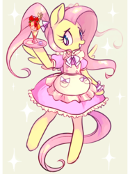 Size: 500x670 | Tagged: dead source, safe, artist:ghostier, fluttershy, pegasus, pony, semi-anthro, g4, alternate hairstyle, apron, bipedal, bow, clothes, cute, dress, female, shyabetes, solo, sundae, waitress