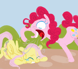 Size: 559x494 | Tagged: safe, artist:sugaryboogary, fluttershy, pinkie pie, filli vanilli, g4, crying, face down ass up, fluttercry, lineless, pinkie prick, scene interpretation, teasing, yelling