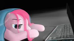 Size: 2500x1400 | Tagged: dead source, safe, artist:keeponhatin, pinkie pie, g4, computer, female, laptop computer, solo, tired