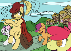 Size: 3500x2500 | Tagged: dead source, safe, artist:keeponhatin, apple bloom, scootaloo, sweetie belle, oc, pony, g4, bipedal, cutie mark crusaders, eyes closed, flute, music, musical instrument, open mouth, pied piper of hamelin