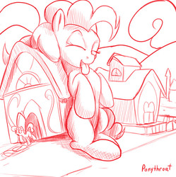 Size: 600x602 | Tagged: safe, artist:php187, pinkie pie, earth pony, pony, g4, giant pony, giant/macro earth pony, horses doing horse things, house, itch, lineart, macro, monochrome