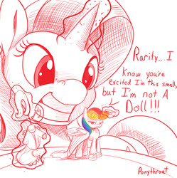 Size: 600x602 | Tagged: dead source, safe, artist:php187, rainbow dash, rarity, pegasus, pony, unicorn, g4, brushie, dialogue, dressup, grooming, horn, lineart, magic, micro, monochrome, partial color, rainbow dash always dresses in style